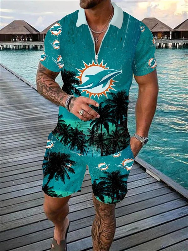 Miami Dolphins Zip Polo Shirt And Shorts Men AZPLZ142