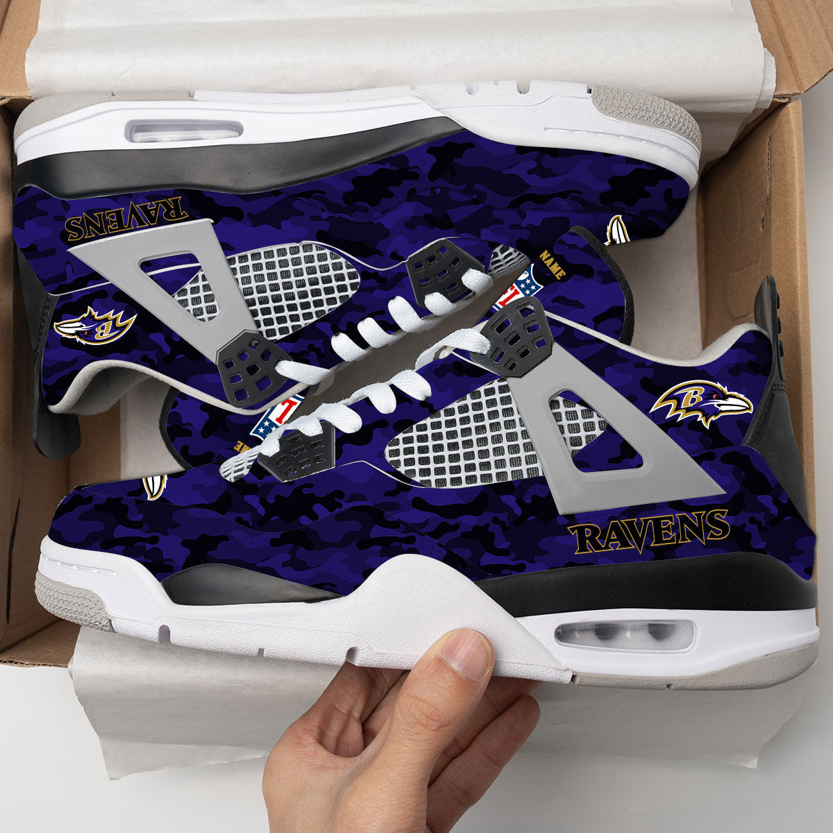 Baltimore Ravens Camo Personalized AJ4 Sneaker BG83