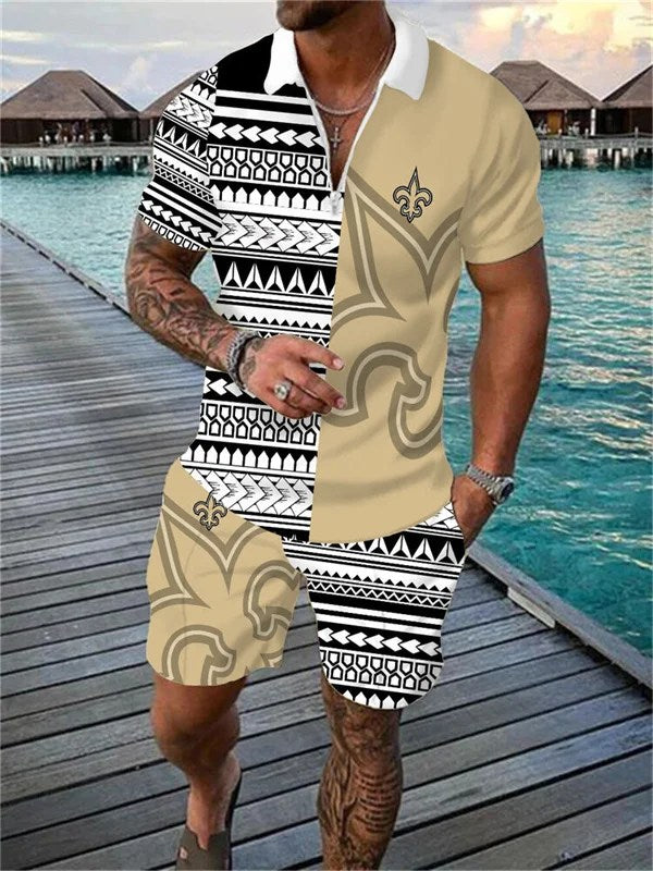 New Orleans Saints Zip Polo Shirt And Shorts Men AZPLZ087