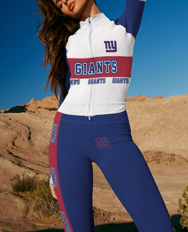 New York Giants 2 Piece Workout Sets :Sculpt High Waist Gym Leggings & long Sleeve Sports Top