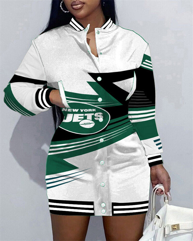 New York Jets Women Button Down Jacket Dress AZBTBDJD000112