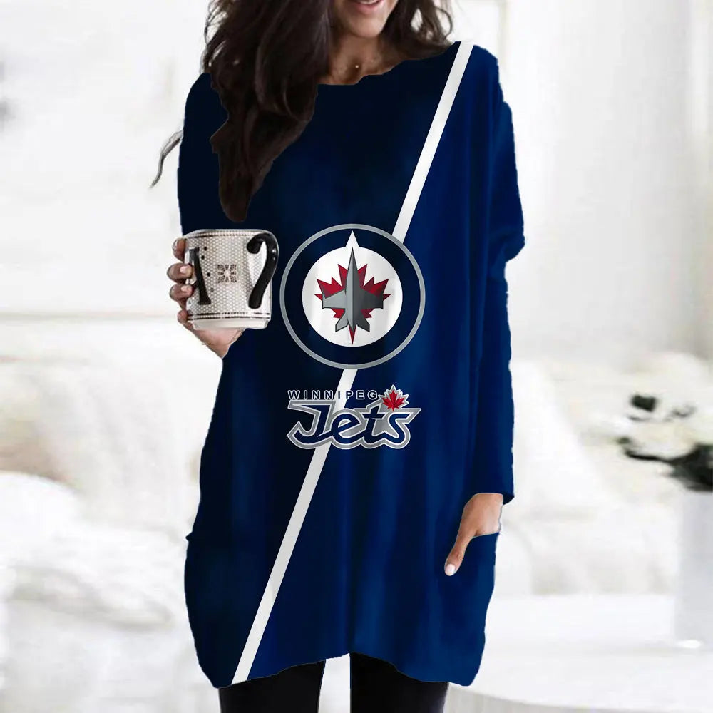 Winnipeg Jets Casual Long Sleeve Pocket Dress AZBTLSPD000066