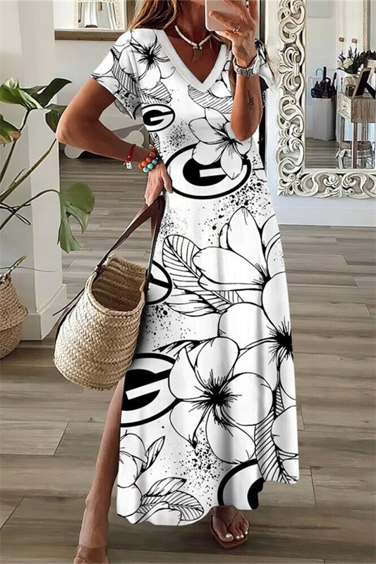 Green Bay Packers V-Neck Side Slit Long Dress AZBTVSD000162
