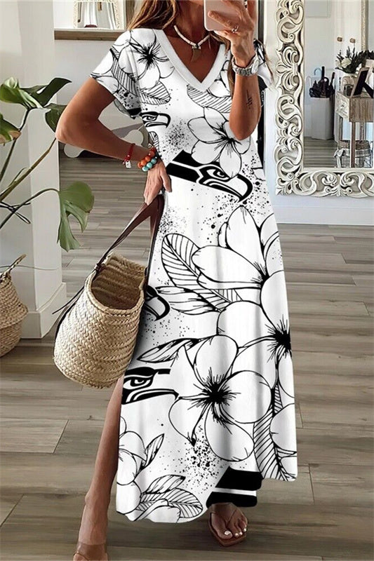 Seattle Seahawks V-Neck Side Slit Long Dress AZBTVSD000228
