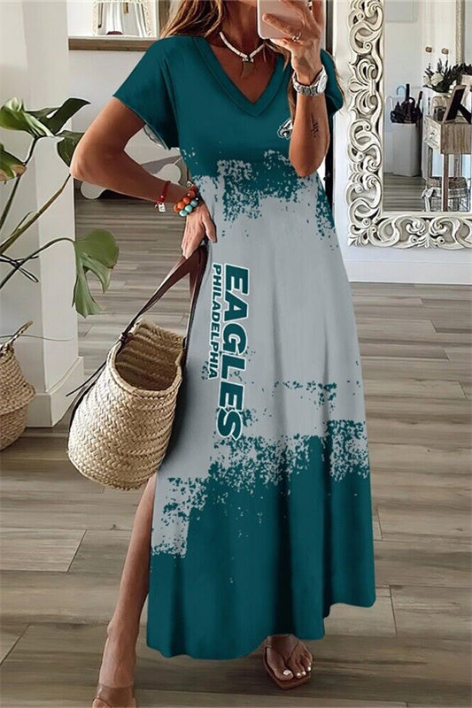 Philadelphia Eagles V-Neck Side Slit Long Dress AZBTVSD000488