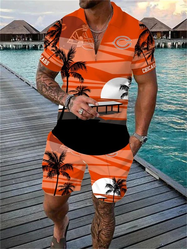 Chicago Bears Zip Polo Shirt And Shorts Men AZPLZ127