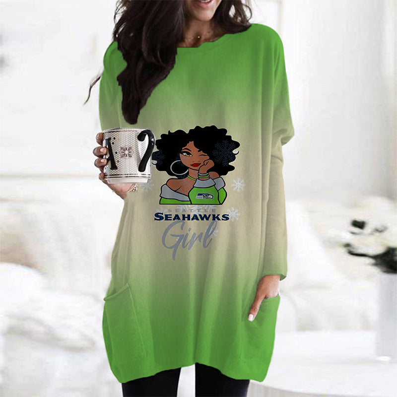 Seattle Seahawks Casual Long Sleeve Pocket Dress AZBTLSPD000027