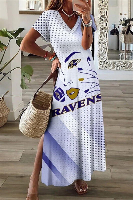 Baltimore Ravens V-Neck Side Slit Long Dress AZBTVSD000020