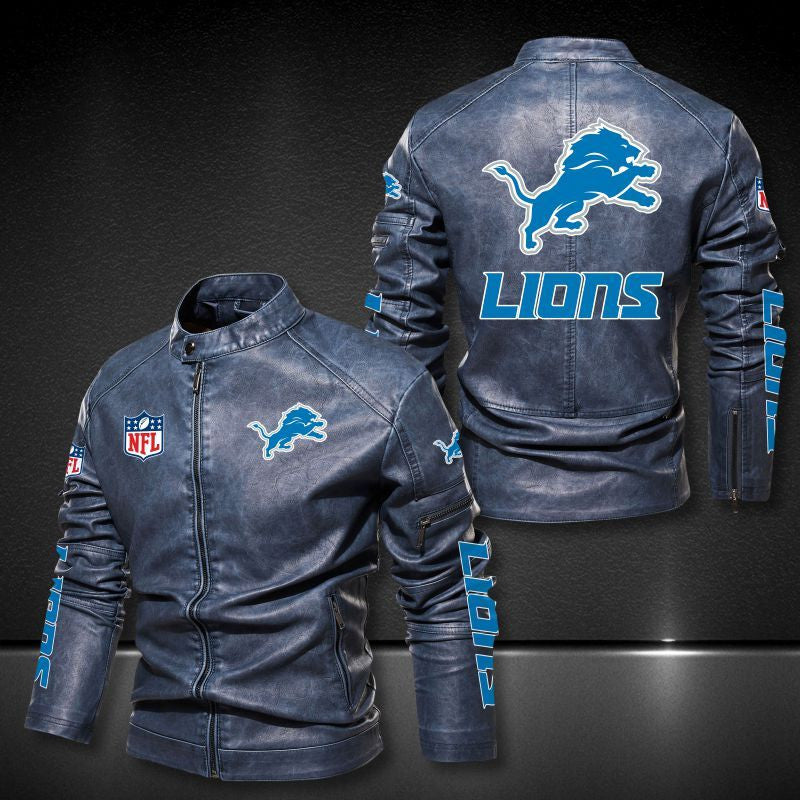 Detroit Lions Stand-up Collar Leather Jacket BG21