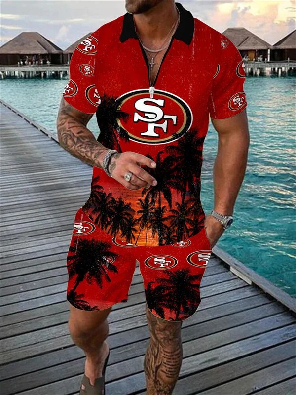 San Francisco 49ers Zip Polo Shirt And Shorts Men AZPLZ119