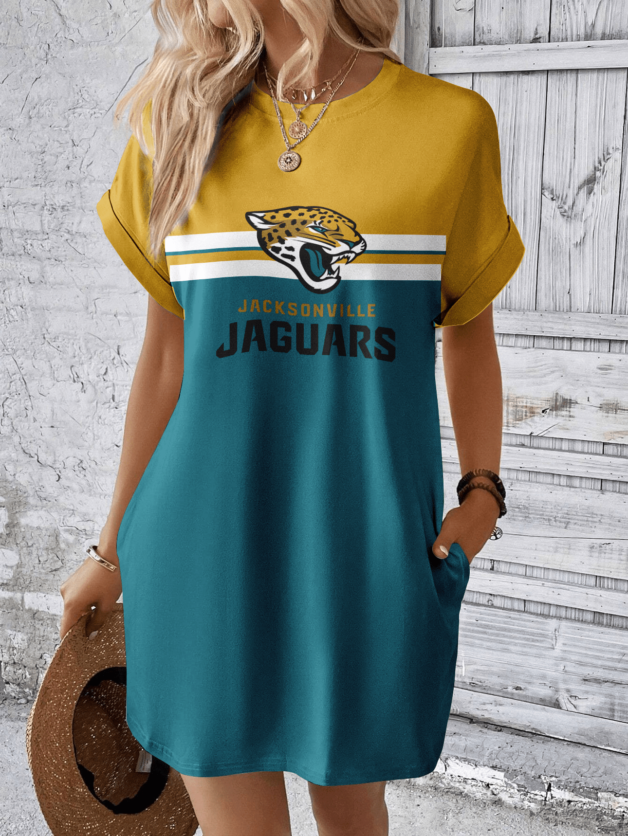 Jacksonville Jaguars Women Hidden Pocket Batwing Casual Dress AZDDBWCD000070