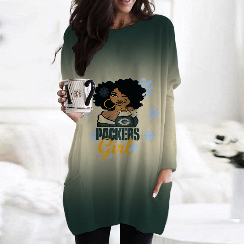 Green Bay Packers Casual Long Sleeve Pocket Dress AZBTLSPD000002