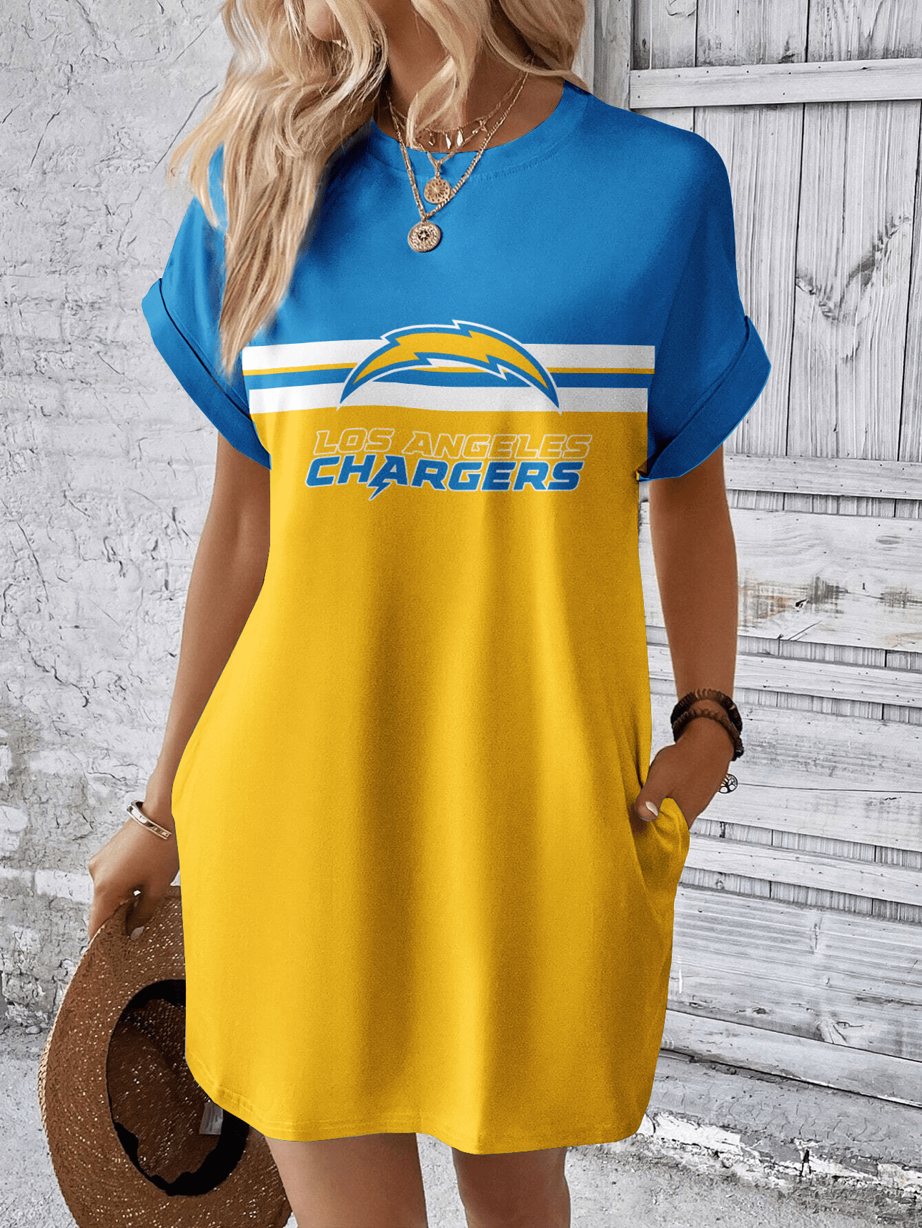 Los Angeles Chargers Women Hidden Pocket Batwing Casual Dress AZDDBWCD000080