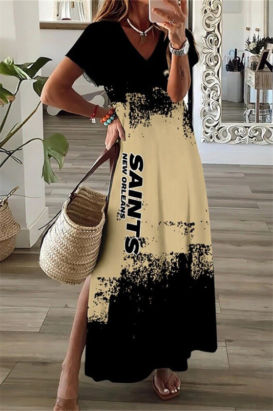 New Orleans Saints V-Neck Side Slit Long Dress AZBTVSD000403