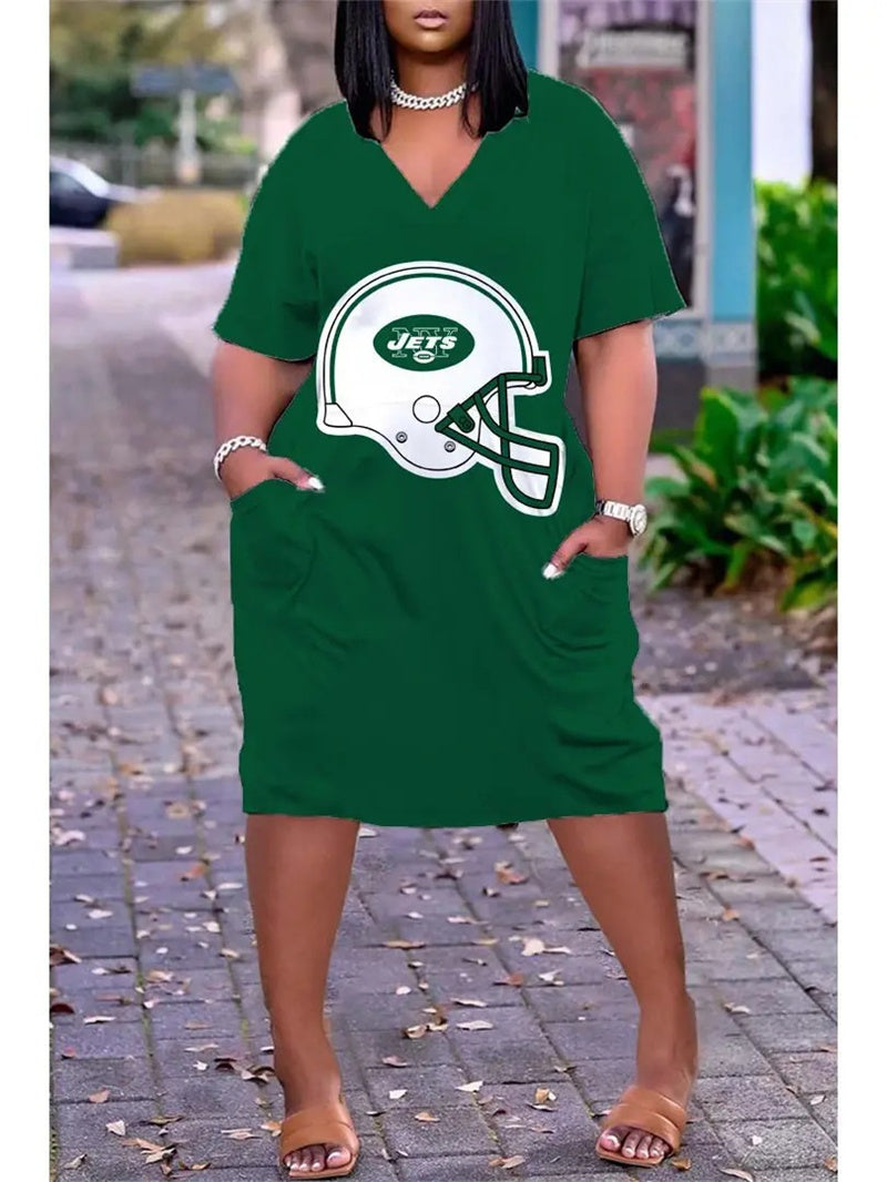 New York Jets V-neck Casual Pocket Dress Limited Edition AZBTVCPD000405