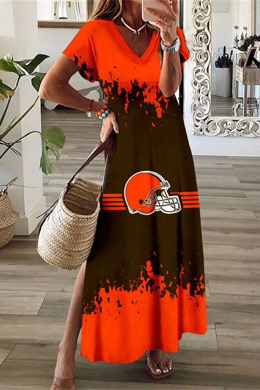 Cleveland Browns V-Neck Side Slit Long Dress AZBTVSD000225