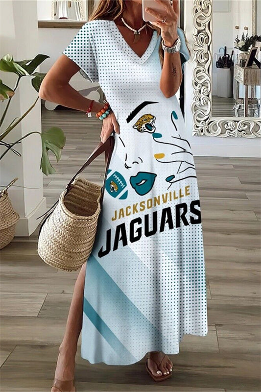 Jacksonville Jaguars V-Neck Side Slit Long Dress AZBTVSD000167