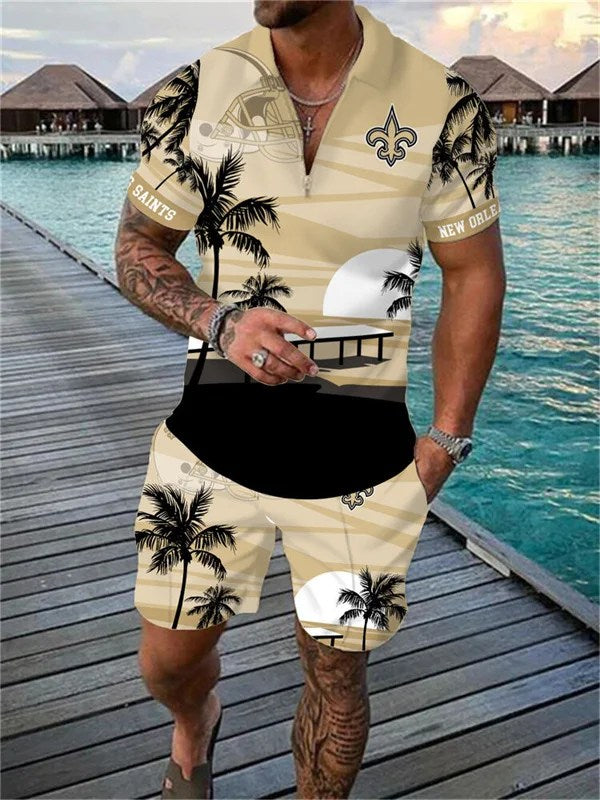 New Orleans Saints Zip Polo Shirt And Shorts Men AZPLZ091