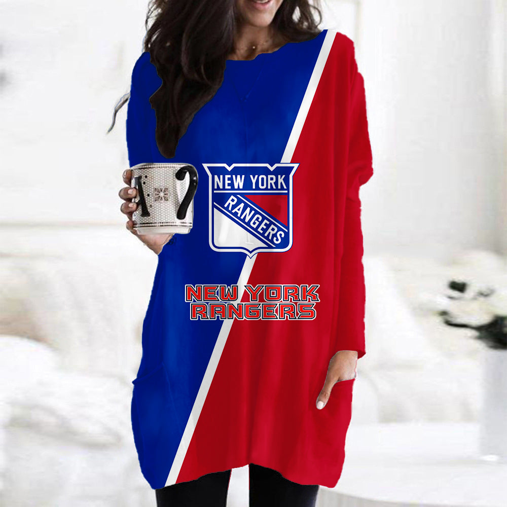 New York Rangers Casual Long Sleeve Pocket Dress AZBTLSPD000086
