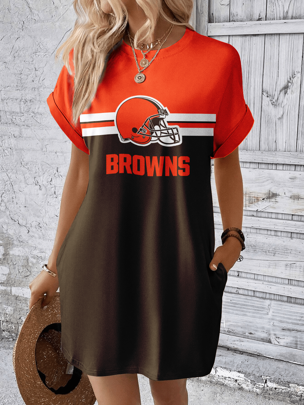 Cleveland Browns Women Hidden Pocket Batwing Casual Dress AZDDBWCD000036