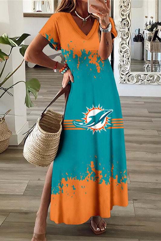 Miami Dolphins V-Neck Side Slit Long Dress AZBTVSD000482