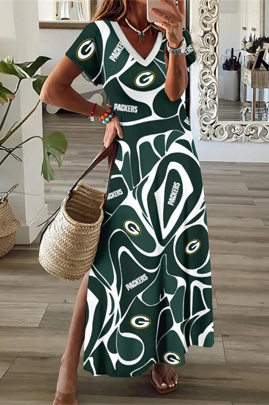 Green Bay Packers V-Neck Side Slit Long Dress AZBTVSD000334