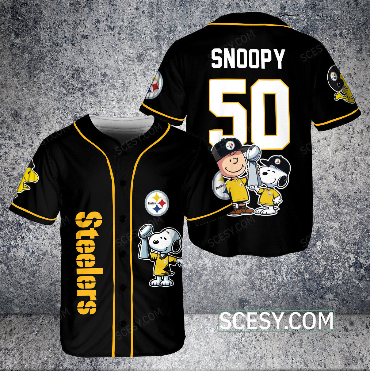 Pittsburgh Steelers Peanut Snoopy Champion Baseball Jersey Black Pipping