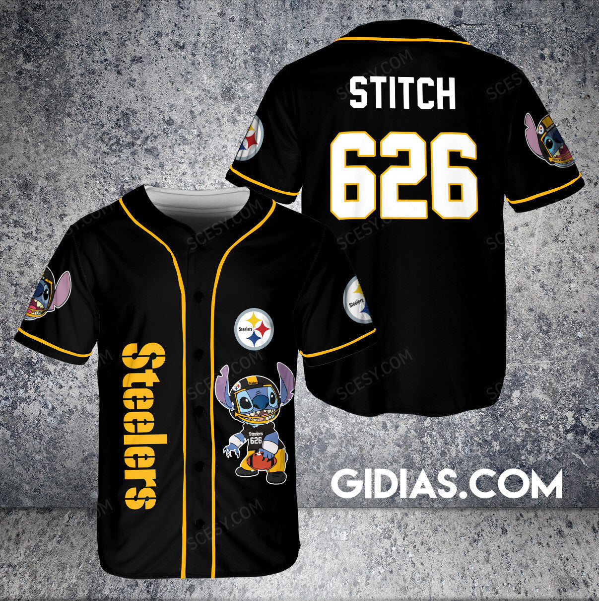 Pittsburgh Steelers Lilo And Stitch Baseball Jersey Black Pipping