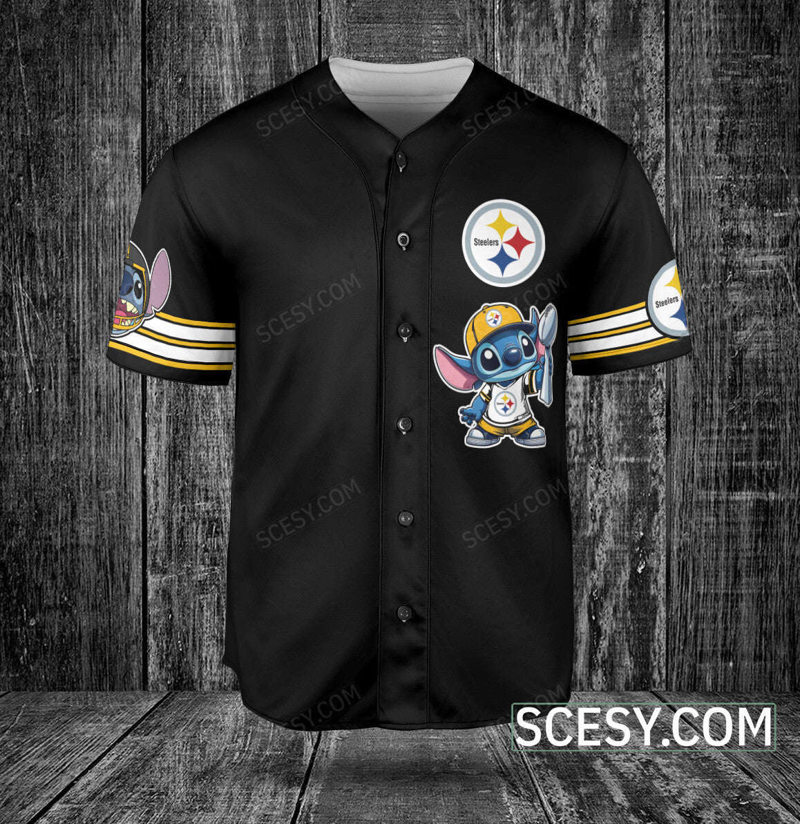 Pittsburgh Steelers Lilo And Stitch Baseball Jersey Black (2)