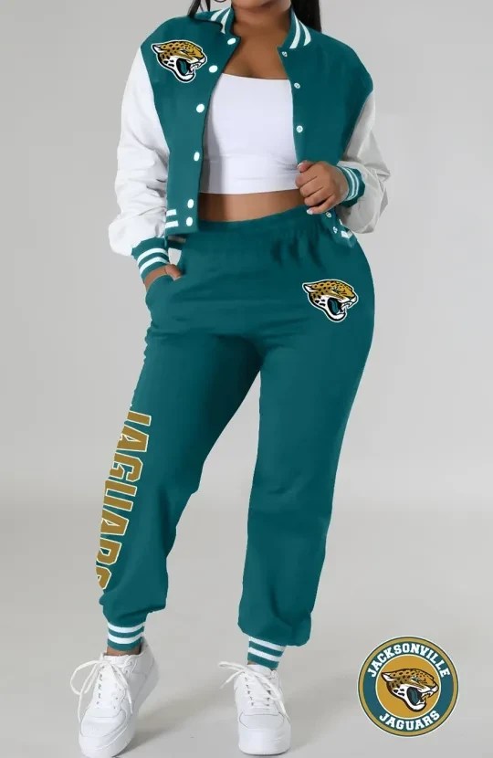 Jacksonville Jaguars Women’s Outfits Varsity Jacket Crop Tops Sweatpants Tracksuit AZBTVJSP000015