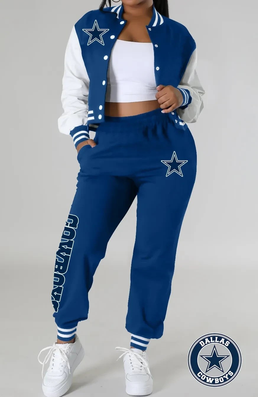 Dallas Cowboys Women’s Outfits Varsity Jacket Crop Tops Sweatpants Tracksuit AZBTVJSP000031