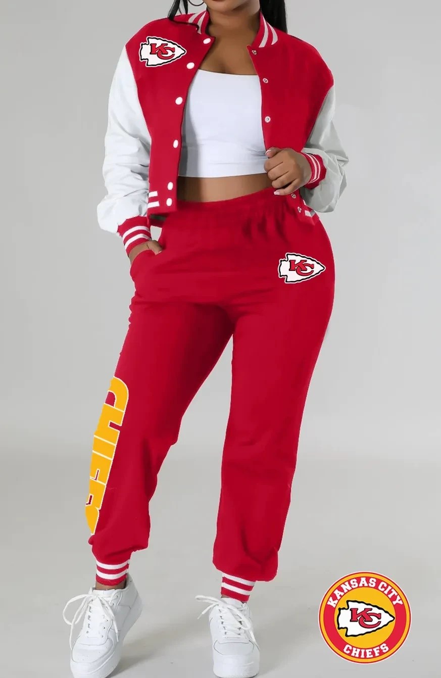 Kansas City Chiefs Women’s Outfits Varsity Jacket Crop Tops Sweatpants Tracksuit AZBTVJSP000021
