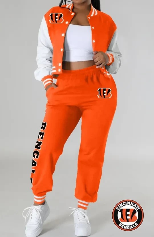 Cincinnati Bengals Women’s Outfits Varsity Jacket Crop Tops Sweatpants Tracksuit AZBTVJSP000018