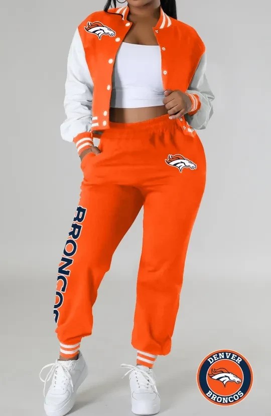 Denver Broncos Women’s Outfits Varsity Jacket Crop Tops Sweatpants Tracksuit AZBTVJSP000029
