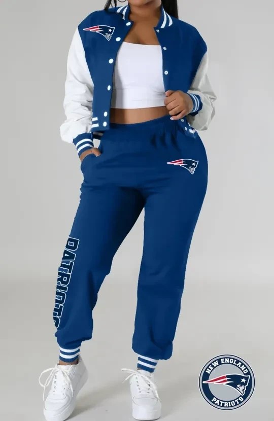New England Patriots Women’s Outfits Varsity Jacket Crop Tops Sweatpants Tracksuit AZBTVJSP000017