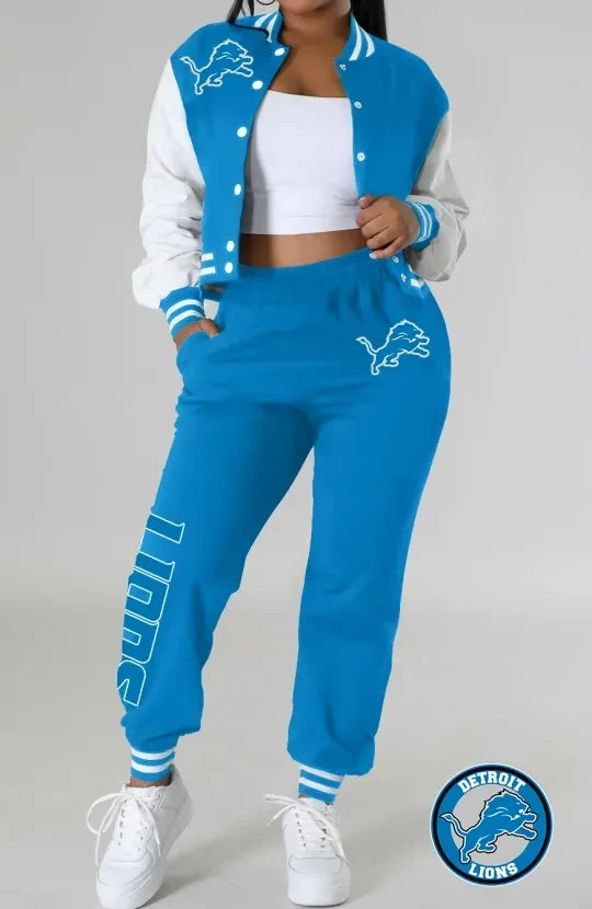 Detroit Lions Women’s Outfits Varsity Jacket Crop Tops Sweatpants Tracksuit AZBTVJSP000026