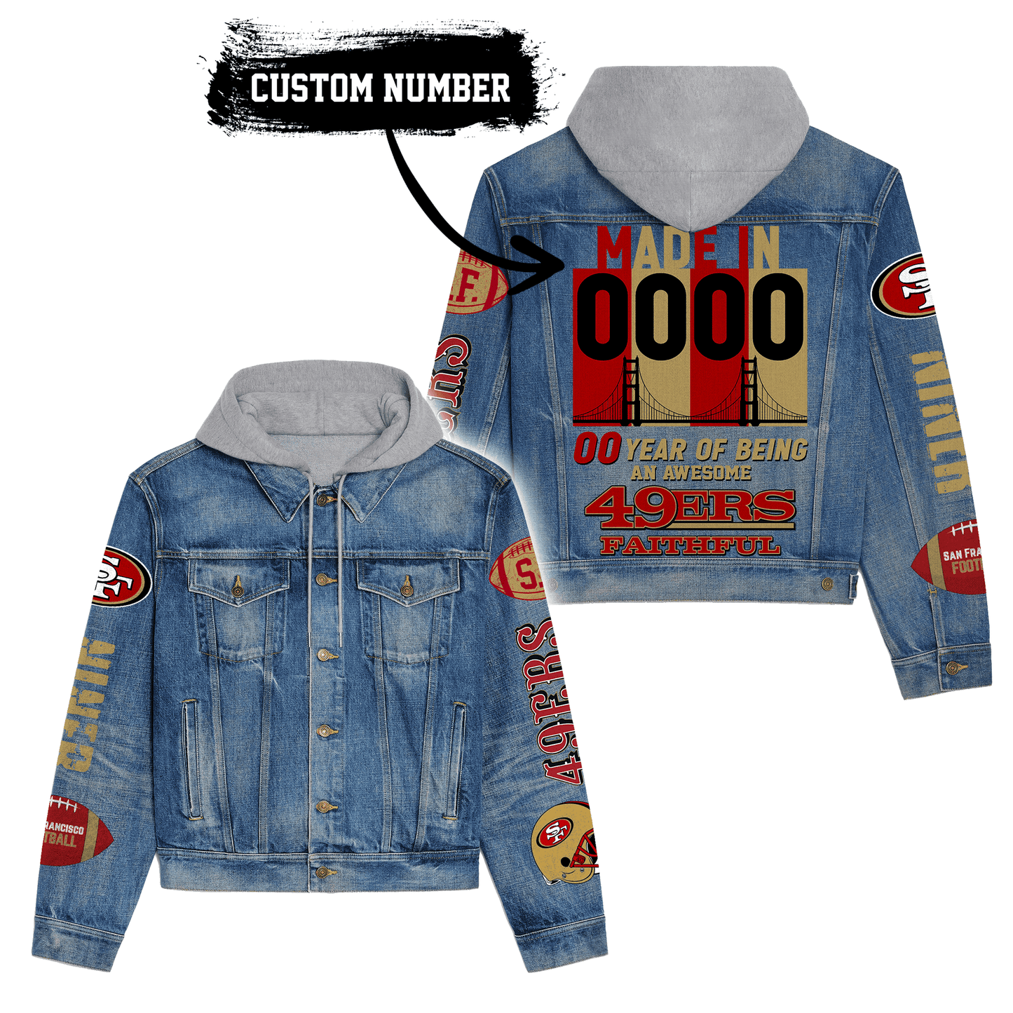 San Francisco 49ers Premium Hooded Denim Jacket New Collection AZBTHDJ000104