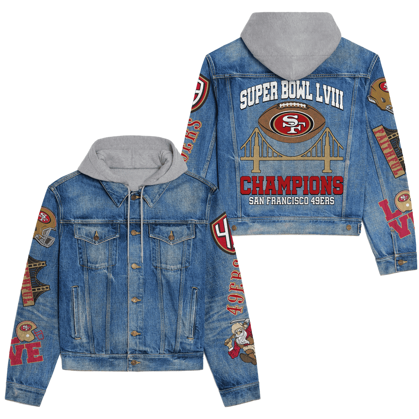 San Francisco 49ers Premium Hooded Denim Jacket New Collection AZBTHDJ000118