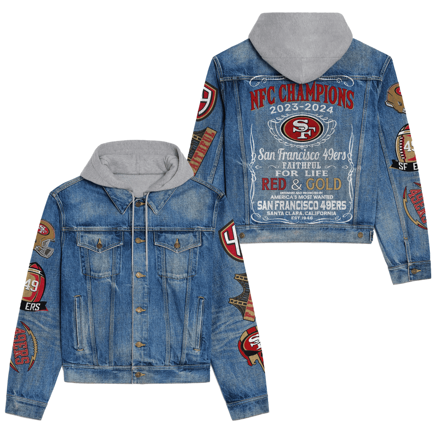 San Francisco 49ers Premium Hooded Denim Jacket New Collection AZBTHDJ000145