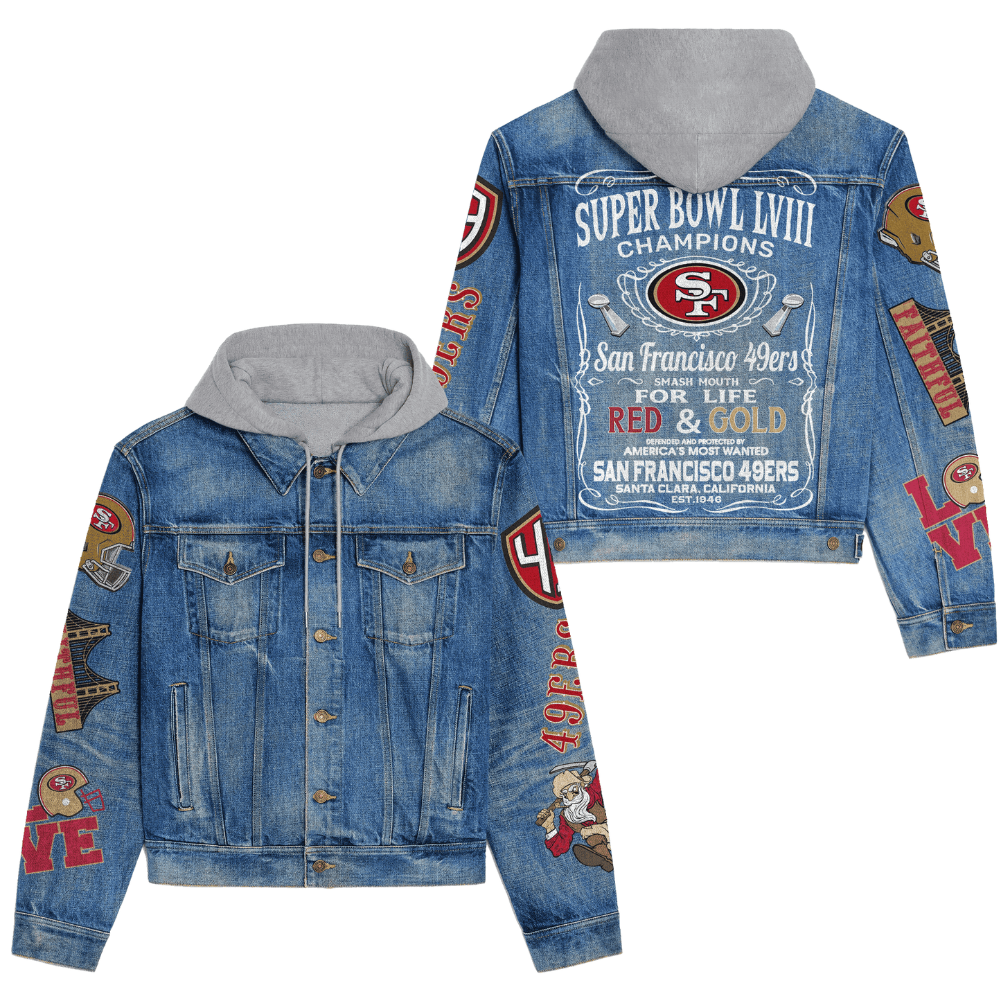 San Francisco 49ers Premium Hooded Denim Jacket New Collection AZBTHDJ000135