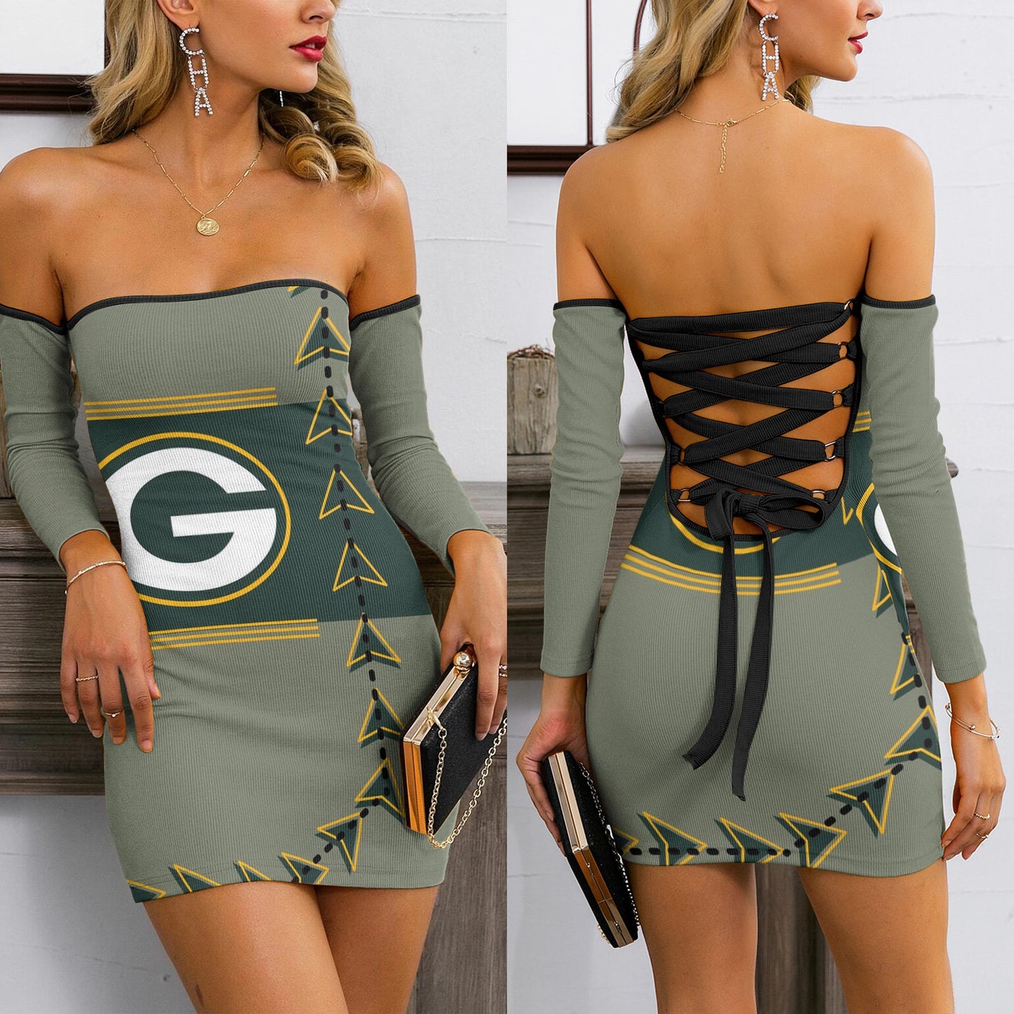 Green Bay Packers Lace Up Back Bardot Bodycon Dress BG13