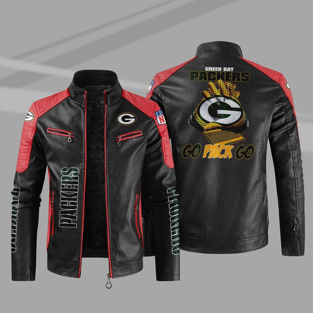 Green Bay Packers Stand Collar Leather Jacket BG04