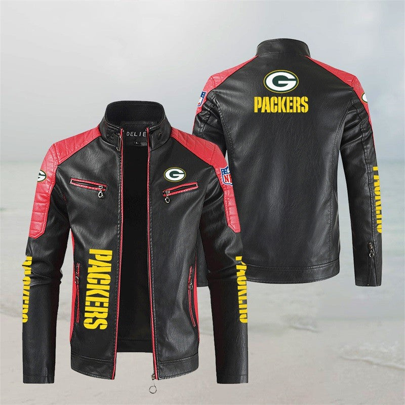 Green Bay Packers Stand Collar Leather Jacket BG49