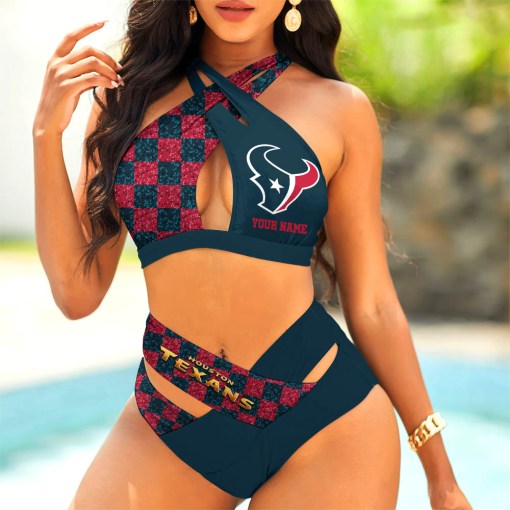 Houston Texans Women’s 2PCS Bikini Swimsuit Criss Cross Cutout Bathing Suit S9BCCB038