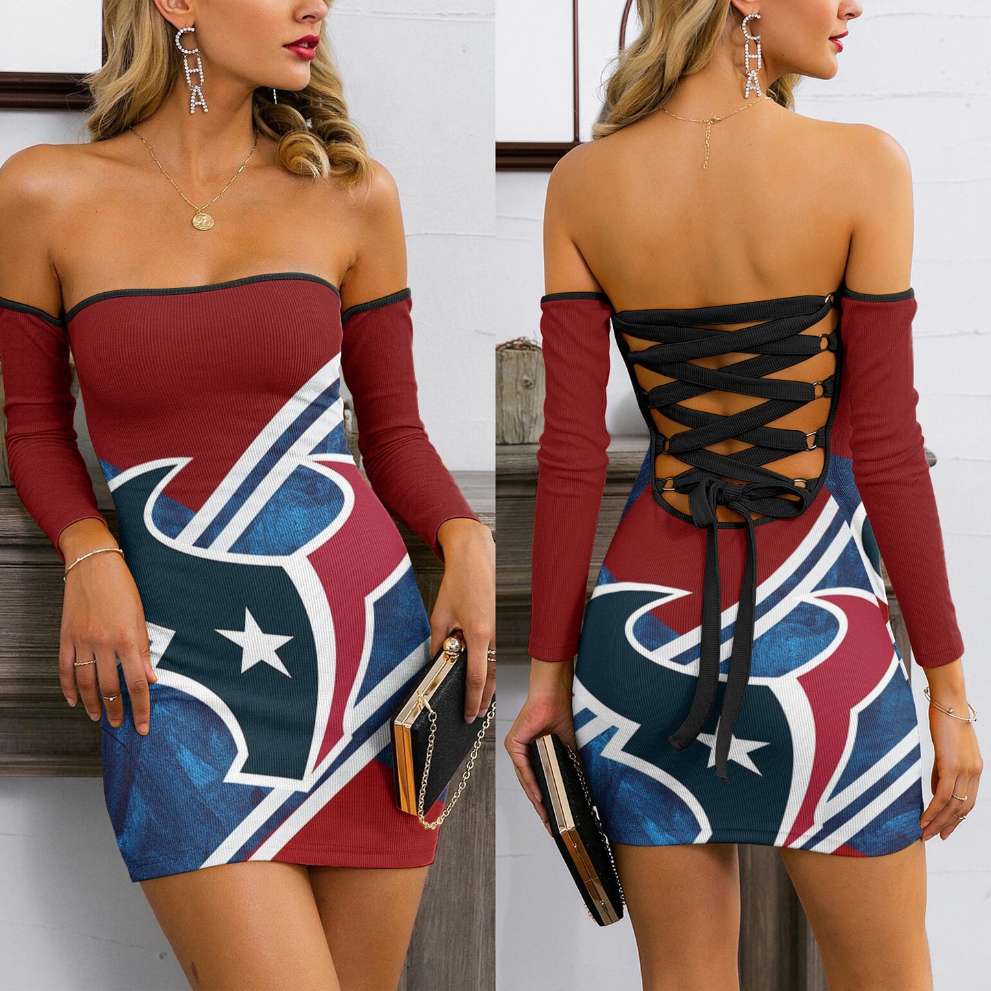 Houston Texans Lace Up Back Bardot Bodycon Dress BG01