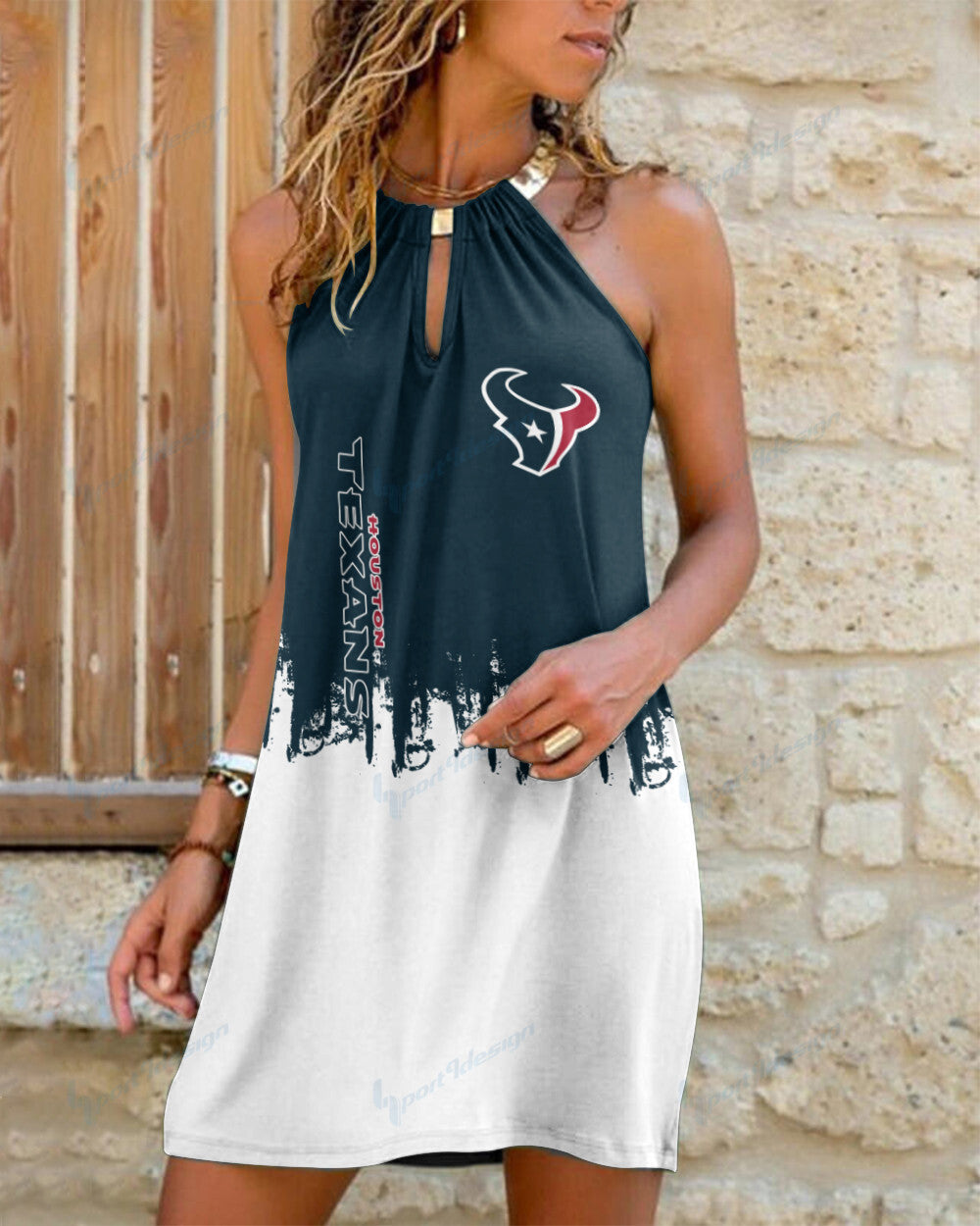 Houston Texans Summer Casual Metal Halter Neck Sleeveless Dress 123