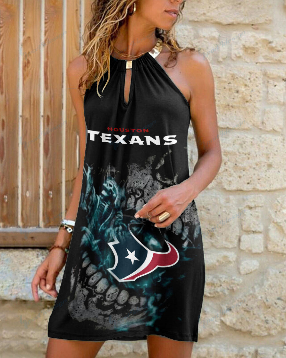 Houston Texans Summer Casual Metal Halter Neck Sleeveless Dress 90