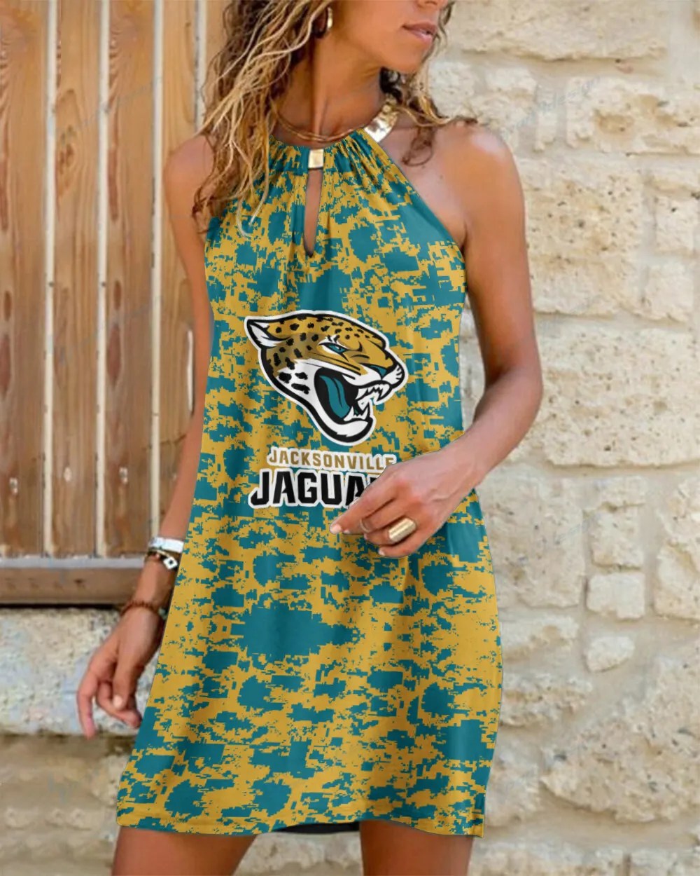 Jacksonville Jaguars Summer Casual Metal Halter Neck Sleeveless Dress 78
