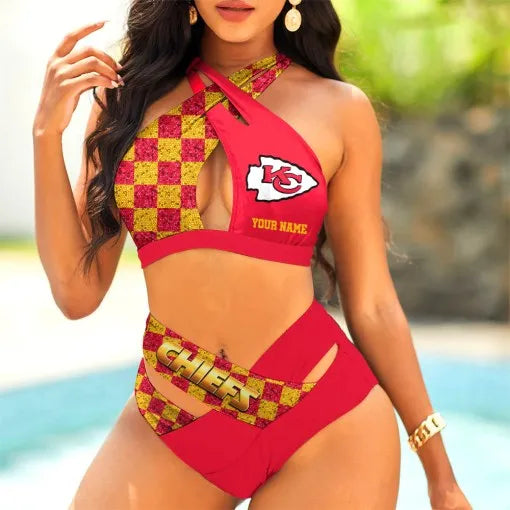Kansas City Chiefs Women’s 2PCS Bikini Swimsuit Criss Cross Cutout Bathing Suit S9BCCB041