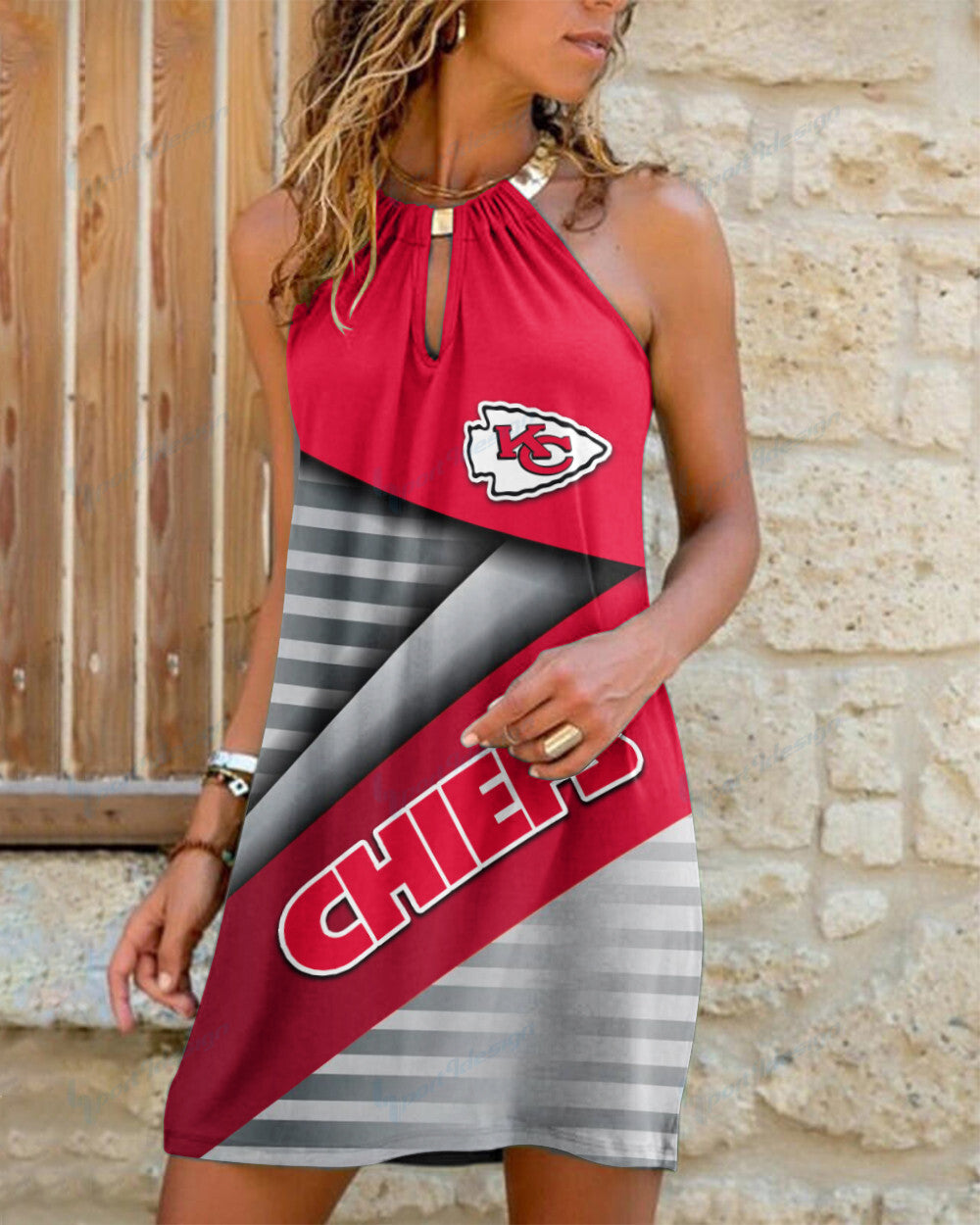 Kansas City Chiefs Summer Casual Metal Halter Neck Sleeveless Dress 58
